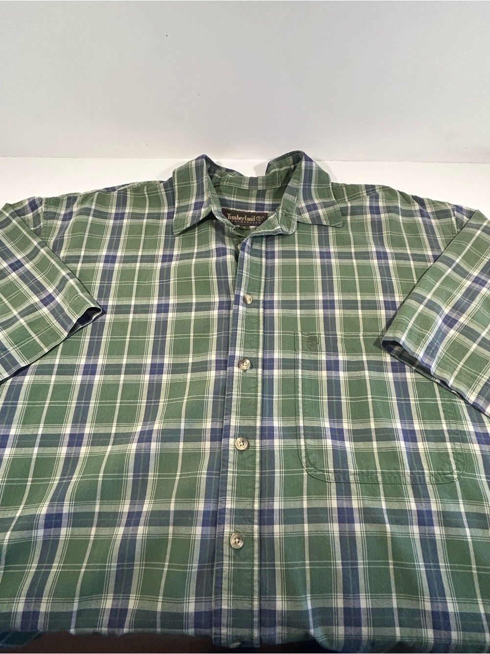 Timberland Weathergear Men’s Large Green Blue Plaid Short Sleeve Button Up Shirt